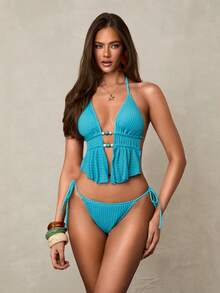 Swim Glamine 纹理串珠露背性感吊带背心泳衣套装 - 藍色 - 查看 4