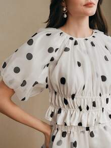 Anewsta Spring/Summer New Retro Black & White Polka Dot Print Party Puff Sleeve Crop Top + High Waist A-Line Peplum Skirt Women 2-Piece Set - Black and White - View 2