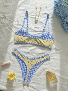 Swim Mod 女士沙滩套装 - 浅黄色底，饰以浅蓝色碎花图案，浅蓝色格子双面印花，性感超细比基尼丁字裤，双面可穿，时尚休闲度假甜美可爱性感女士泳装套装 - 彩色 - 查看 7