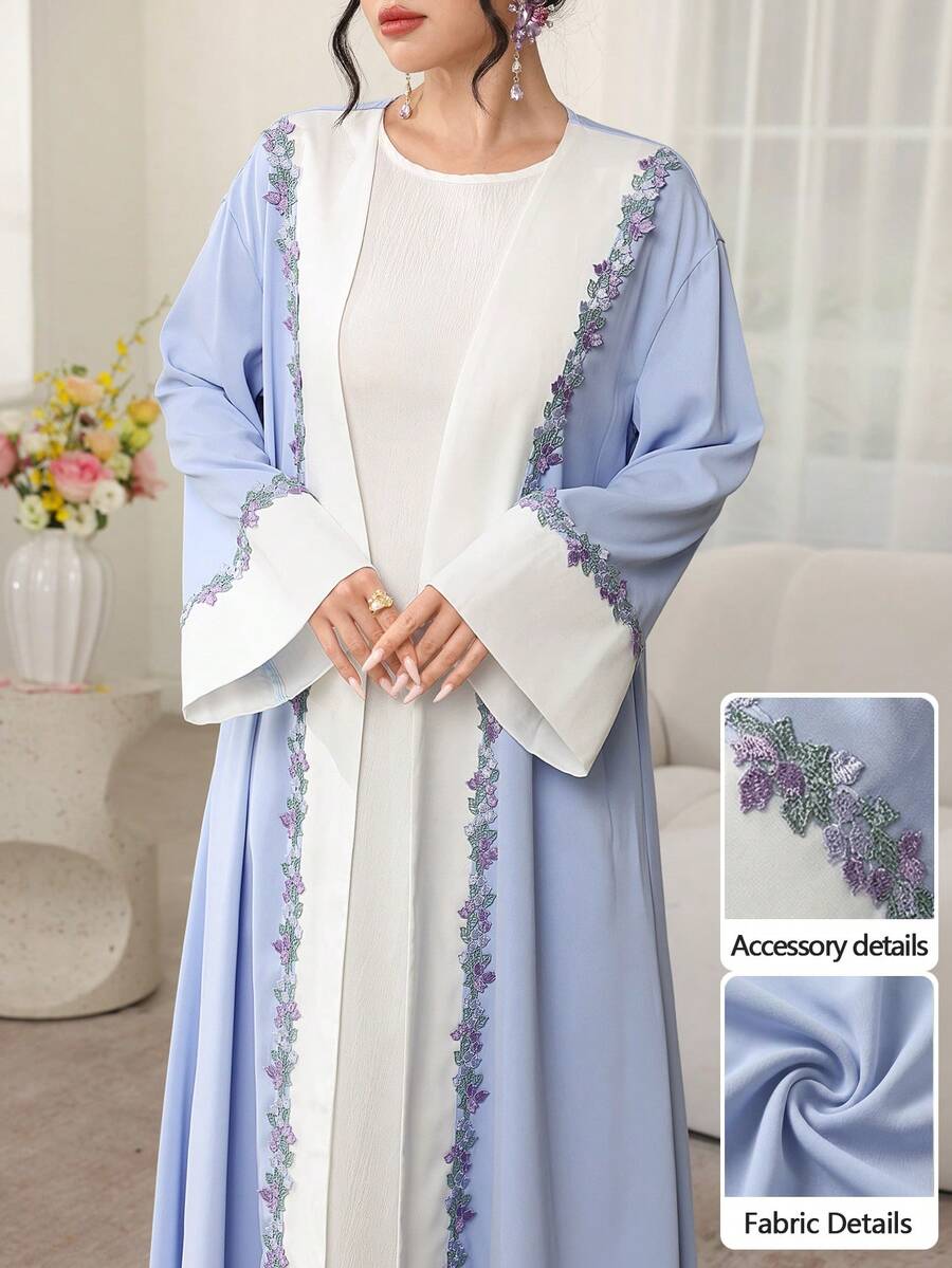 Al Najma 女士花卉刺绣拼接休闲长袍连衣裙，适合派对和日常穿着