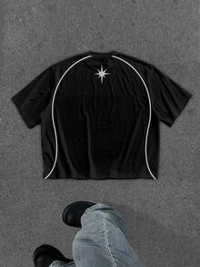 Manfinity ZONE917 Boxy Cropped Loose Athleisure Minimalist White Contrast Stripe & Heart Print Graphic Tee - Black - View 5