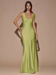 SHEIN BAE 性感简约纯色奶油黄深V领无袖露背系带连衣裙，适合派对、鸡尾酒会、正式场合、伴娘、生日、圣诞节、商务休闲等场合。 - 橄欖綠 - 查看 2