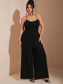 SHEIN BAE 加大码黑色吊带露背连体裤 - 黑色 - 查看 4