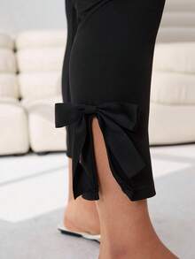 Solflare Plus Size Women's Solid Color Bow Decor Capri Pants, Spring/Summer - Black - View 7