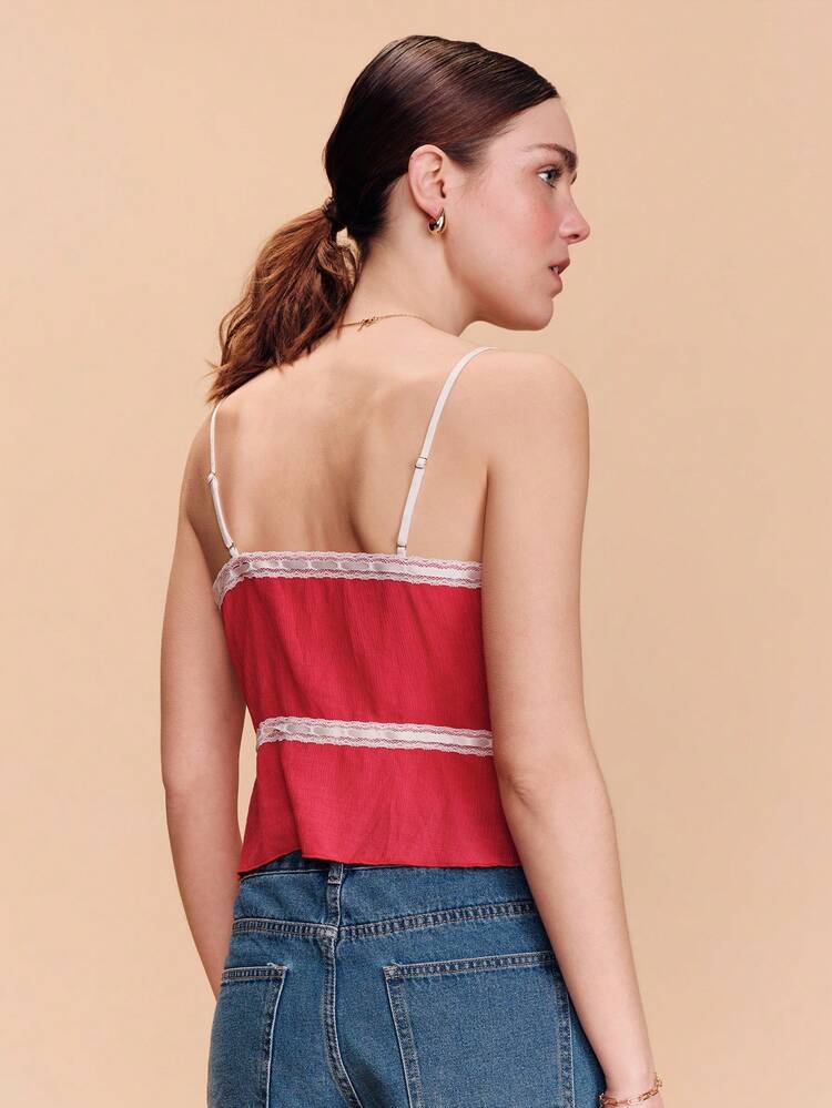 Red Chiffon Cami Top With Satin Bow Tie Front Detail And Lace Panel French Boho Top Spring Summer Vacation Top Holiday Top