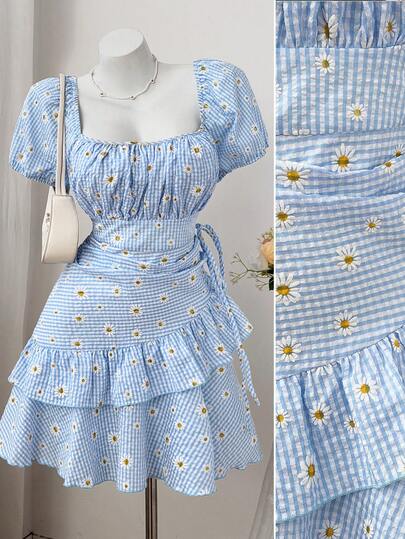 Sweetra Plus Size Sweetheart Neck Short Sleeve Plaid Daisy Print Ruffle Hem Tie Bow Vintage Elegant Sweet Casual Dress For Women