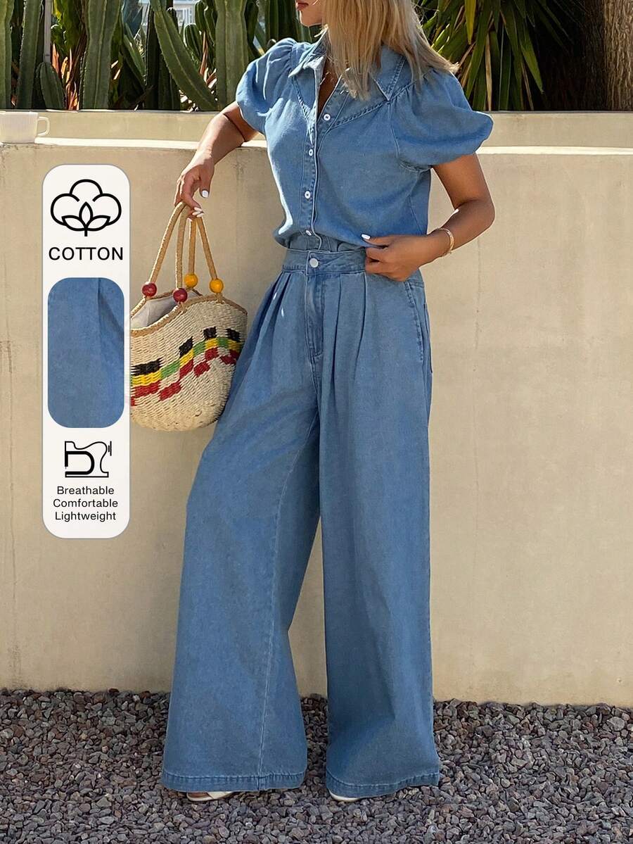 Livesso Women's Casual Washed Petal Sleeve Shirt And Wide Leg Jeans Set, Spring/Summer - Medium Wash - View 1