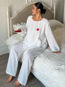 Dazy Plus 2pcs/Set Loose Long Sleeve Top And Long Pants Pajama Set, White, Spring/Summer - White - View 5