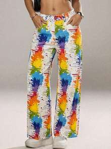 SHEIN ICON Quần jeans nữ ống rộng dáng suông, in họa tiết vẩy sơn, có túi, kiểu dáng thường ngày. - Nhiều màu - Xem 1