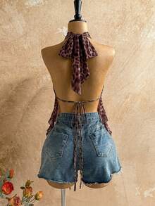 Soleia 女士度假沙滩性感豹纹露背系带飘逸下摆上衣 - 咖啡棕 - 查看 2