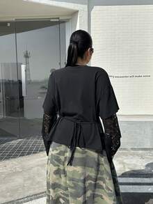 Muchica 2026春夏大码女式圆领撞色蕾丝长袖T恤，适合外出、返校、街头风、Y2K风格。 - 黑色 - 查看 2