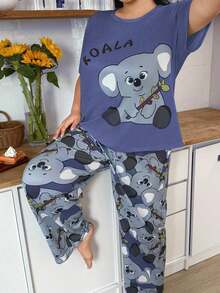 SHEIN 大码灰色牛奶丝针织考拉印花短袖睡衣套装 - 藍色 - 查看 3