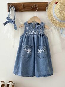 LMoss Kids Baby Girls' Floral Embroidered Blue Denim Sleeveless Loose Dress With Headband - Light Wash - View 9