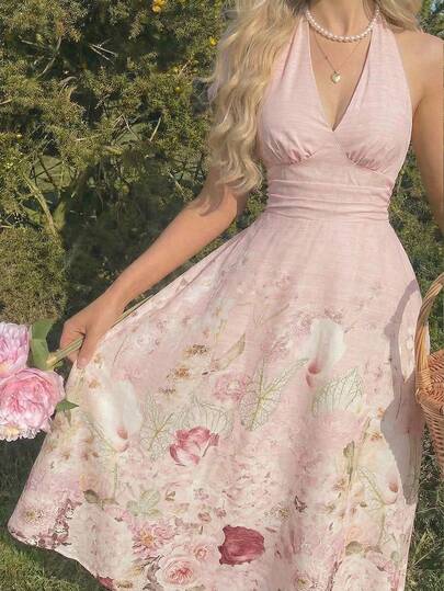 SHEIN MOD 女士复古浪漫印花露背V领中长连衣裙，适合春季、早午餐、情人节、度假穿着