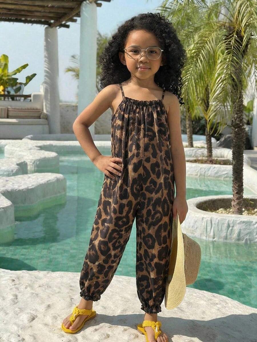 Young Girls' Leopard Print Loose Jumpsuit, Casual Vacation Fashion Versatile, Matching Sisters, Park Camping, Family Photos, Party, Daily Leisure - Brown - View 1