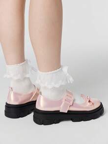 ROMWE Kawaii 女士坡跟厚底鞋 Diablo 摇滚朋克哥特风单扣玛丽珍小皮鞋 闭扣蝴蝶结甜美日式 JK 制服鞋 - 粉色亮皮 - 查看 2