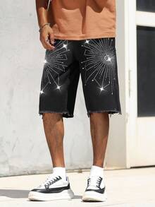 Manfinity EMRG Stylish Men's Rhinestone Black Denim Bermuda Shorts Avant-Garde Street Casual With Graphic Pattern - Black - View 5