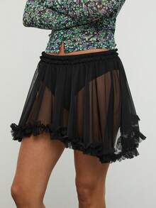 COUREZ Mesh Mini Ruffle Skirt /Y2K Spring Clothes For Women Black Skirts Spring Break Outfits Sexy Going Out Outfits Summer Outfits Summer Skirts Short Skirts - Black - View 2