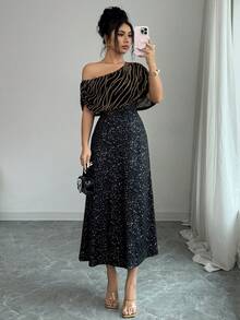 Elenzga 女士优雅箔印斑马纹不对称领连衣裙 - 黑色 - 查看 1