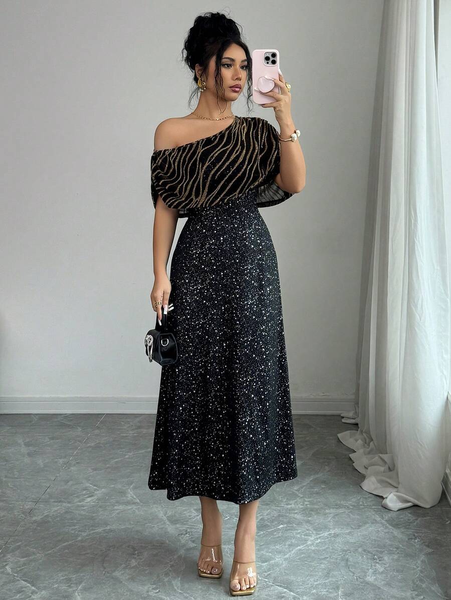 Elenzga 女士优雅箔印斑马纹不对称领连衣裙 - 黑色 - 查看 1