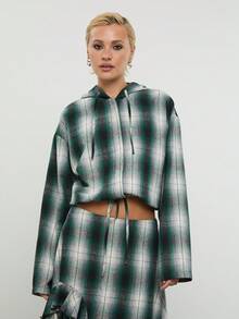 COUREZ 轻薄格纹连帽外套，下摆可调节 / Y2K 春季女装 轻薄格纹外套 可爱夏季外套 外出穿搭 音乐节穿搭 度假穿搭 夏季假日穿搭 - 綠色 - 查看 1