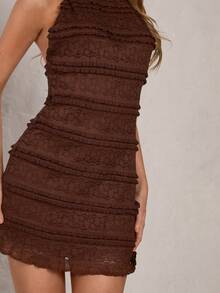 SHEIN Glamour 优雅休闲蕾丝连衣裙和半身裙 - 咖啡 - 查看 7