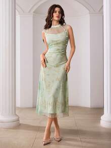 Modelyn Đầm midi thanh lịch không tay, chất liệu nhung, nhuộm tie-dye, đính ngọc trai, thắt eo, dành cho phái nữ. - màu xanh lá - Xem 5