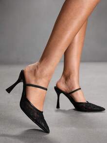 CUCCOO SZL New Autumn Lace-Up Mesh Pointed Toe High Heel Sandals - Black - View 9