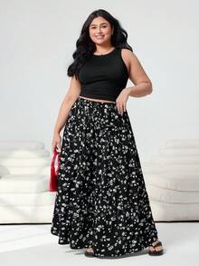 Solflare Plus Size Women's Solid Color Tank Top & Ditsy Floral Mini Skirt 2-Piece Set, Spring/Summer - Multicolor - View 1