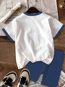 少女爱心印花宽松休闲撞色条纹短袖超大T恤和打底裤两件套，适合夏季、Y2K风格、儿童舒适日常时尚、儿童套装、澳大利亚夏季服装、Blossom Vogue、秋季新款、返校季时尚、平价时尚、日本周末服装、甜美风格、舒适的春夏款式、轻松舒适、情人节、度假、女孩套装、少女服装 - 彩色 - 查看 3