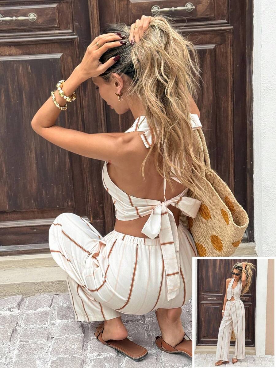 Serisse 女士度假休闲条纹露背吊带上衣和裤子两件套 - 彩色 - 查看 1