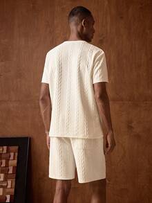 AKNOTIC 男士两件套针织休闲字母拼接夏季套装，街头风，舒适穿搭，情侣装 - 杏色 - 查看 4