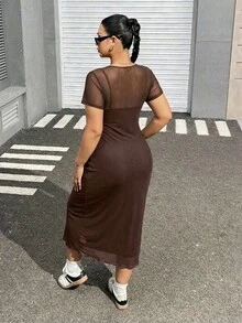 SHEIN EZwear Plus Size Summer Casual Solid Color Mesh Dress - Brown - View 2