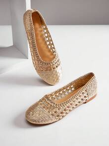 SHUZIA Ladies Elegant Woven PU Ballet Flats - Gold - View 1