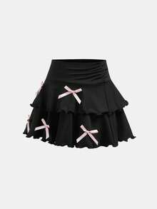 SHEIN Girlism 少女休闲、运动、校园、返校季、黑色层叠荷叶边裙短裤，蝴蝶结装饰，甜美又酷炫，黑粉色，春夏，清爽，基础款，日常百搭，运动时尚夏季，返校季，校服 - 黑色 - 查看 5
