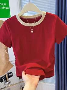 Resyla Women's Casual Basic Sexy Colorblock Round Neck Short Sleeve Top, Summer Golf White - Red - View 4