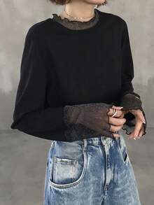 FRIFUL Áo thun dáng rộng, thoải mái, đa năng, phối màu trơn, chấm bi, chất liệu lưới xuyên thấu. - màu đen - Xem 6