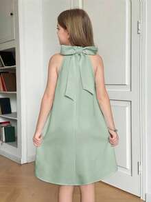 SHEIN Tween Girl Elegant Solid Green Halter Neck Beaded Back Bow A-Line Sleeveless Dress Pearl Embellished Mint Summer Seafoam Pastel Classy Spring - Green - View 6