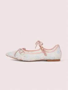 CUCCOO DOLLMOD Sepatu Flat Mary Jane Wanita Berwarna-warni dengan Bordir Bunga Jala, Modis, Pita Ganda, Lucu, Elegan, Sepatu Musim Semi - MultiWarna - View 7