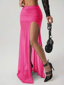 SHEIN ICON Women's High Slit Black Mesh Ruched Waist Sexy Vacation Metal Decor Skirt - Hot Pink - View 8