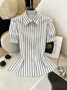 GlowEve 女士条纹短花瓣袖单排扣休闲衬衫 - 黑與白 - 查看 3