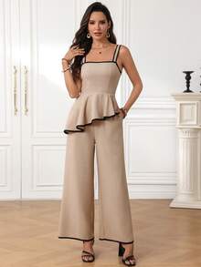 Miaspire 女士度假休闲撞色滚边不对称下摆吊带背心和裤子两件套 - 黑與白 - 查看 3