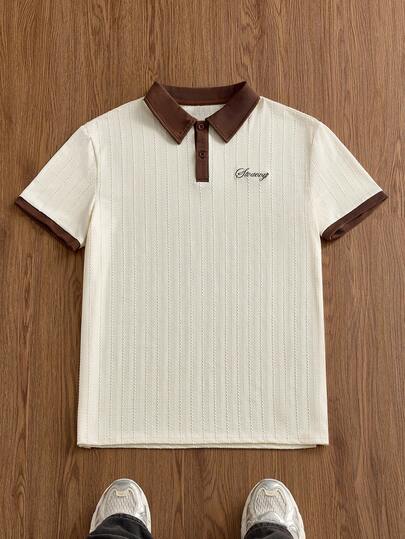 SWAVVY Men's Letter Embroidery Contrast Color Short Sleeve Polo Shirt