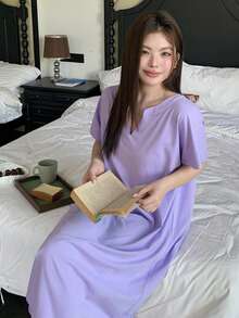 Dazy Plus V領短袖直擺睡裙，純色睡衣 - 紫色 - 查看 5