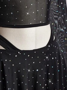 SHEIN ICON 大码女式网纱亮片长袖吊带上衣和短裤性感套装 - 黑色 - 查看 9