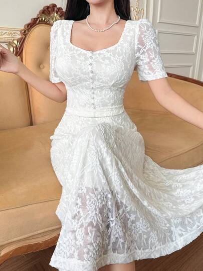 DAZY Women's Elegant Lace Puff Sleeve Blouse And Skirt 2 Pieces Set, Summer