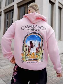 Artur Kramer ONE WAVE 男士连帽衫，新款秋冬街头时尚仙人掌沙漠图案印花抓绒内衬套头卫衣 - 粉色 - 查看 2