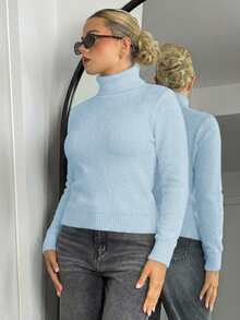 Bethéva 高领保暖内衬修身保暖长袖毛衣，秋冬新品 - 淺藍色 - 查看 4