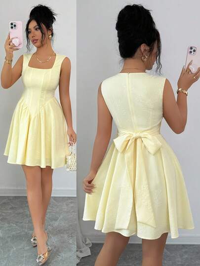 Modelyn Pastel Lemon Jacquard Square-Neck Fit & Flare Mini Dress - Vintage Romantic Garden Party Sundress,Women's Elegant Jacquard Pleated Sleeveless Dress, Summer Light Yellow Dress Lemon Dress Women Sexy Sun Dress Belle Dress Love And Lemonade Dresses