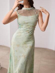 Modelyn Đầm midi thanh lịch không tay, chất liệu nhung, nhuộm tie-dye, đính ngọc trai, thắt eo, dành cho phái nữ. - màu xanh lá - Xem 3